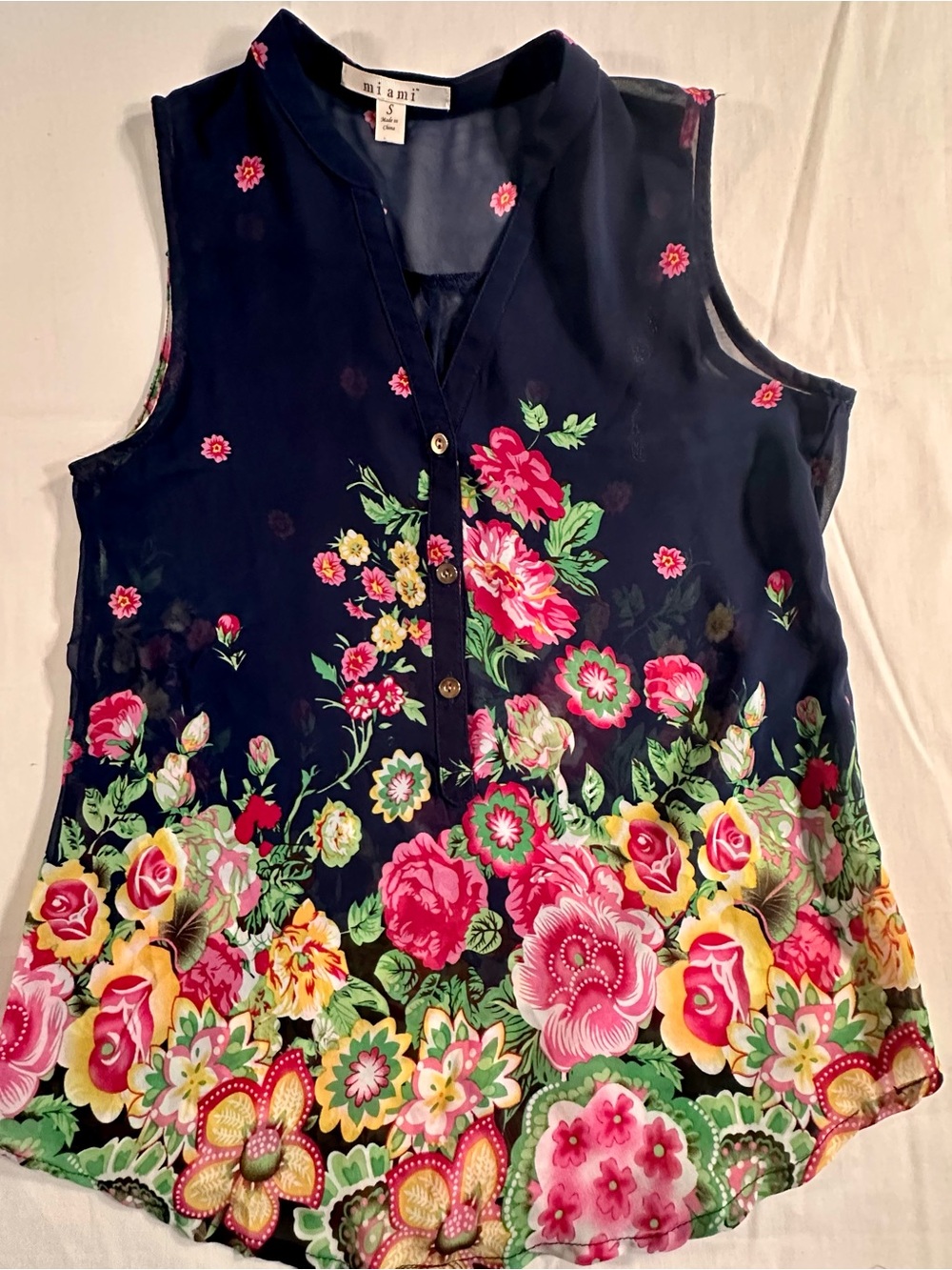 miami Navy Floral Sleeveless Button Top sheer country cottage Y2K